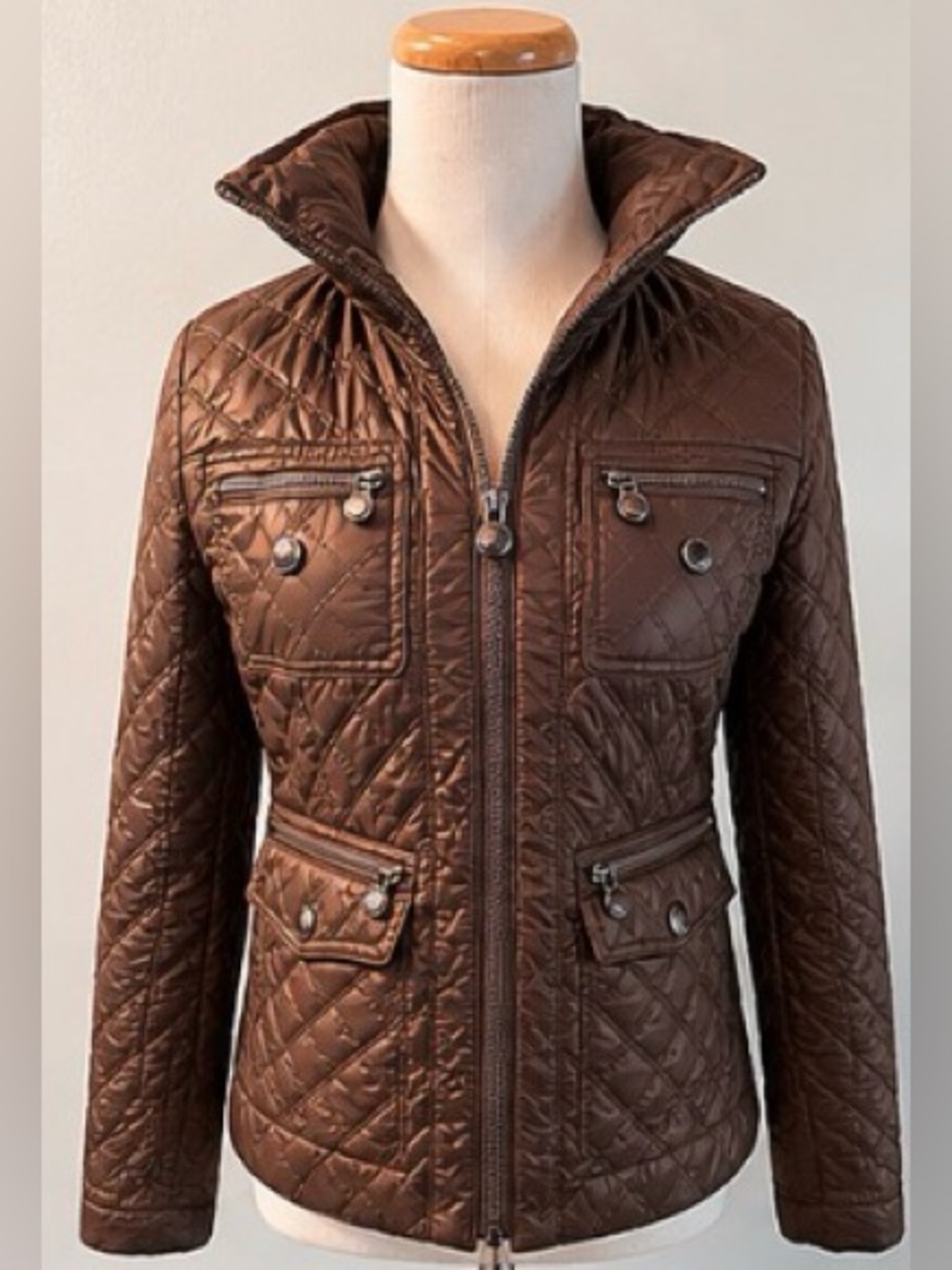 Laundry by Shelli Segal Brown Quilted Zip Jacket Leopard Print Lining Sz XS